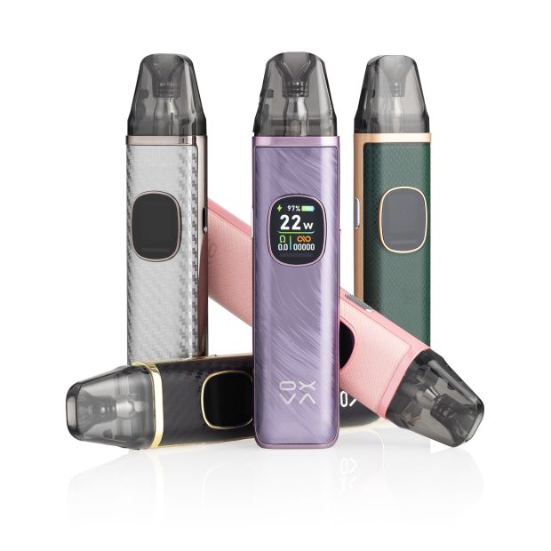 A group shot of three OXVA XLIM Pro 2 kits stood up, and two OXVA XLIM Pro 2 kits laid flat amongst the other three, on a white background.