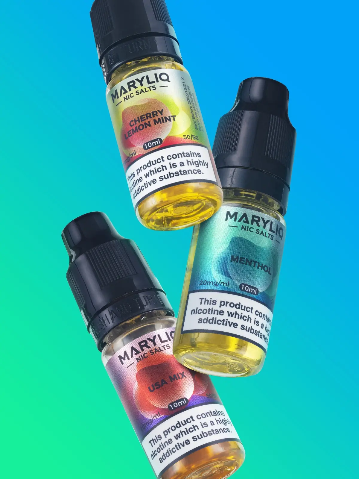 Three bottles of Maryliq e-liquid floating in front of a blue and green background; Cherry Lemon Mint, Menthol and USA Mix