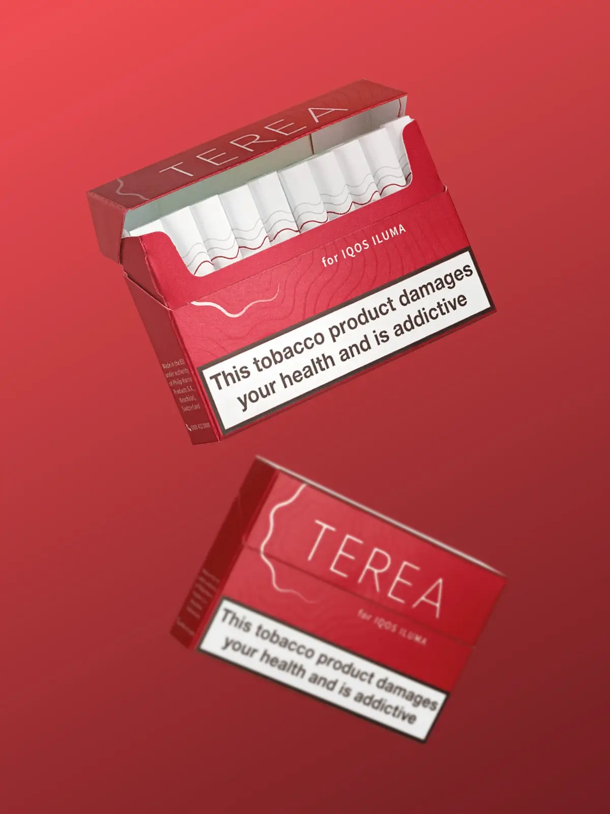 Two packs of Sienna IQOS TEREA sticks, floating in front of a burnt deep red/orange background