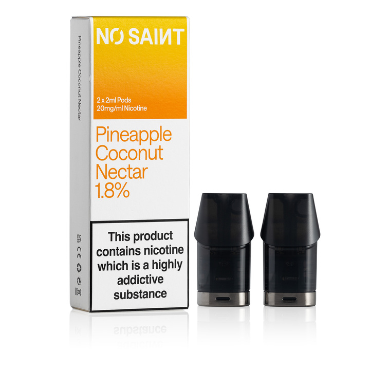 NO SAINT Pineapple Coconut Nectar pod packaging, with its two pods standing next to it.