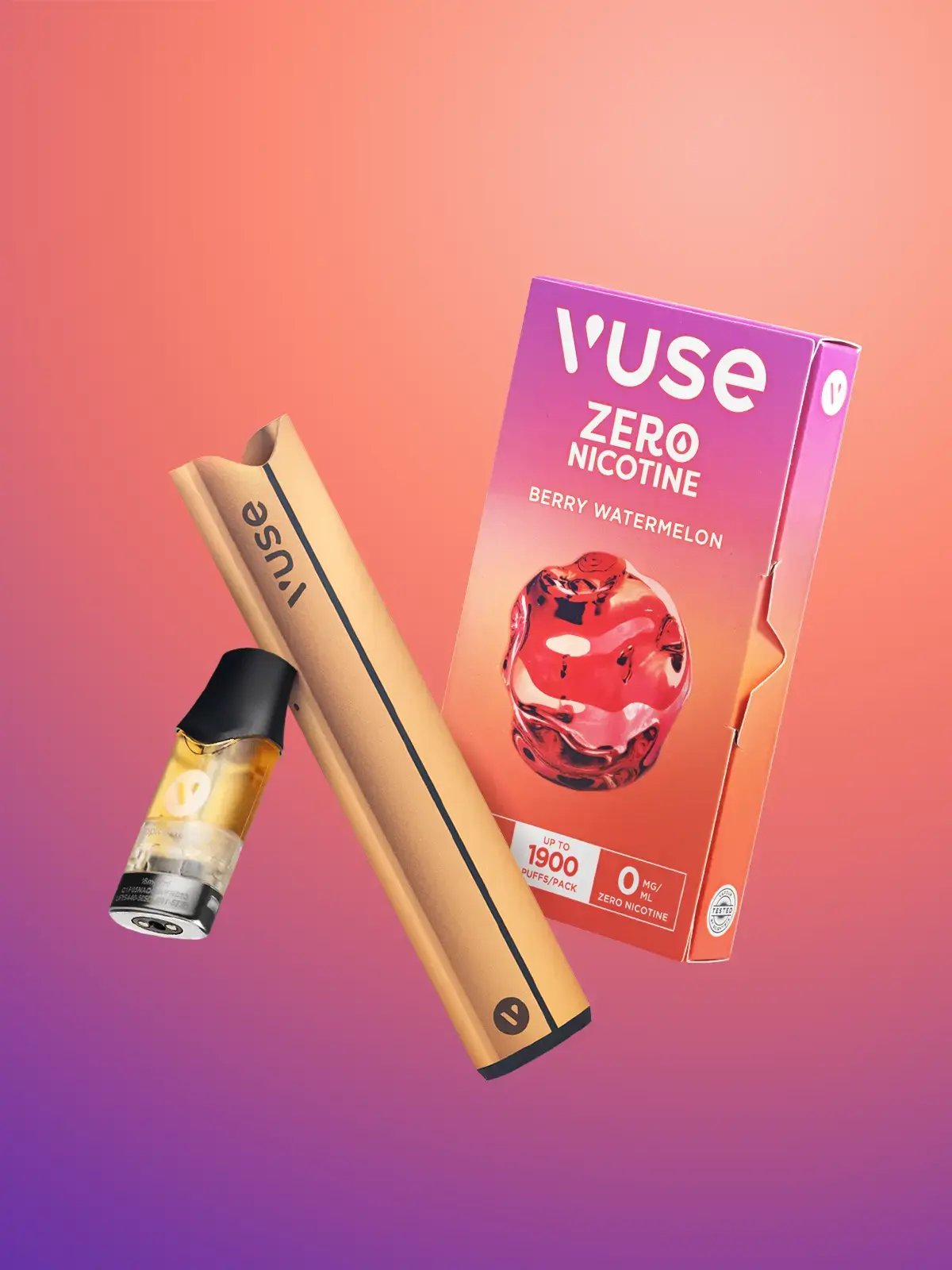 A VUSE Pro device in Gold along with a pack of Berry Watermelon ePod cartridges, floating in front of an orange and purple background