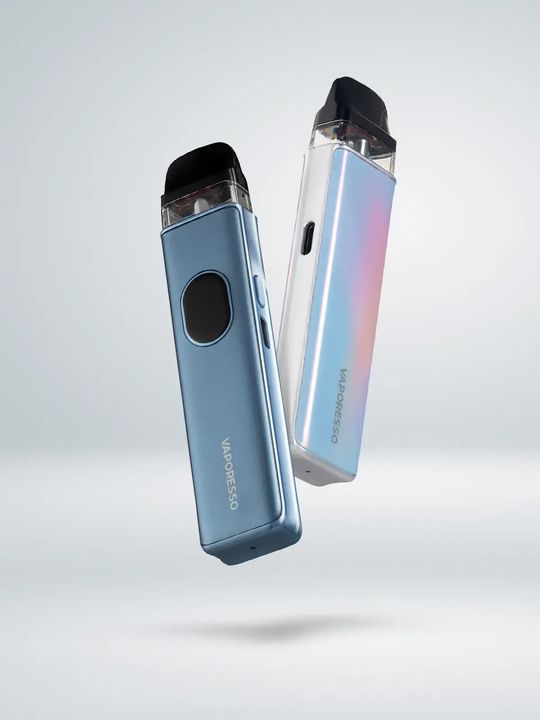 One blue Vaporesso XROS 5, and one iridescent Vaporesso XROS 5 Mini device, floating side by side on a white background