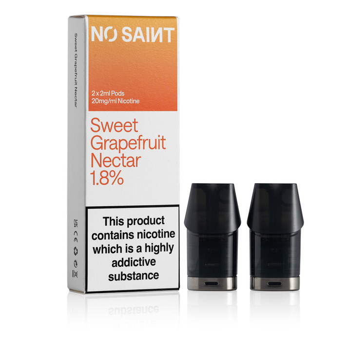 NO SAINT Sweet Grapefruit Nectar pod packaging, with its two pods standing next to it.