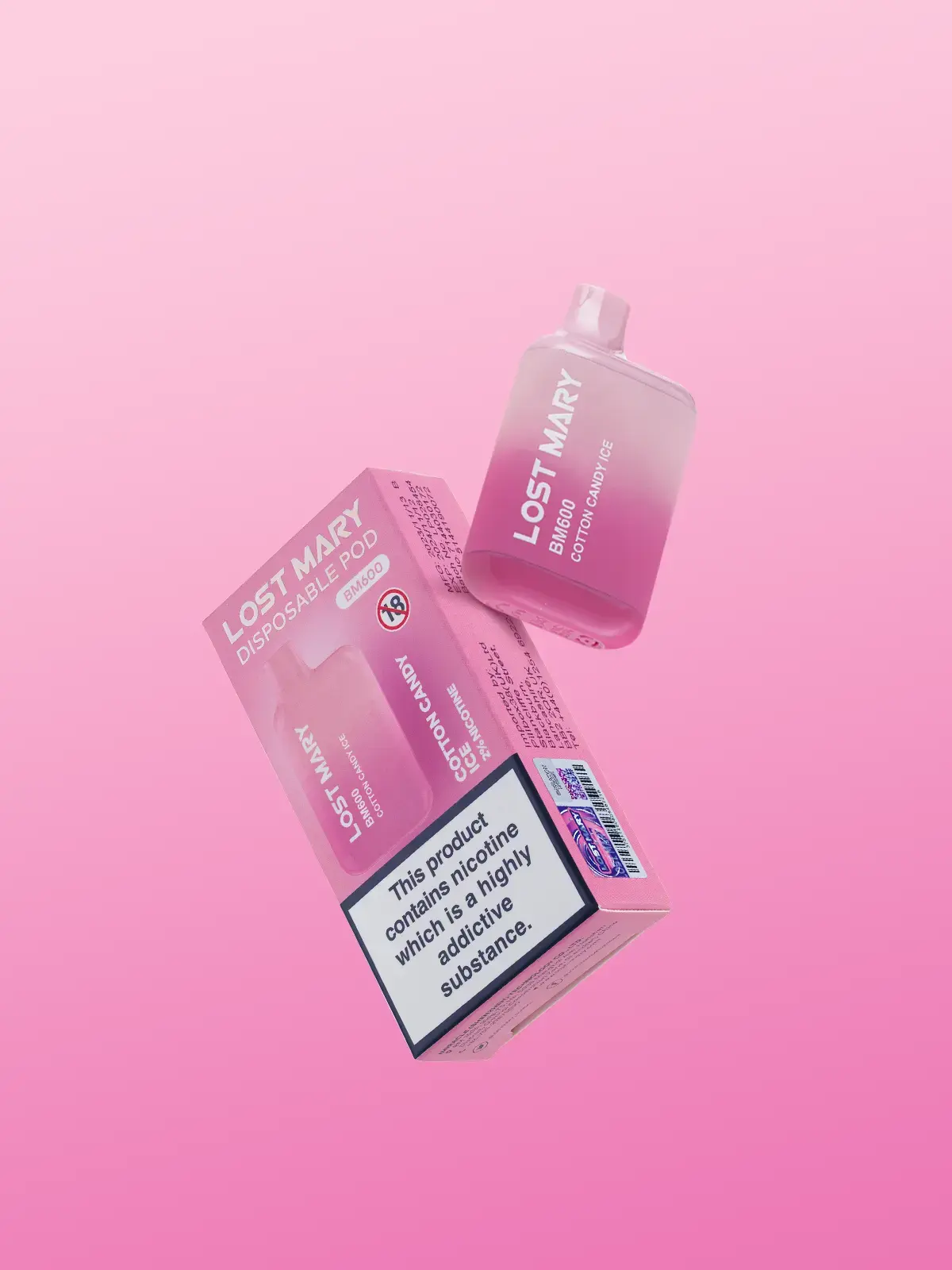 A Lost Mary in Cotton Candy flavour, one in its box, floating in front of a pink background