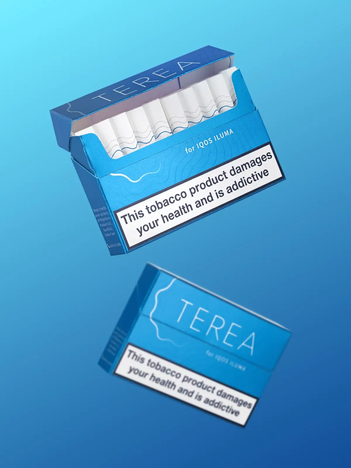 Two boxes of IQOS Blue TEREA sticks floating in front of a blue background, one open