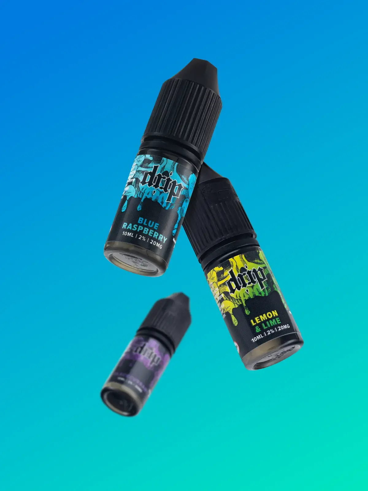 Three bottles of Drip e-liquid; Blue Raspberry, Lemon & Lime and Blackcurrant floating in front of a blue/green background