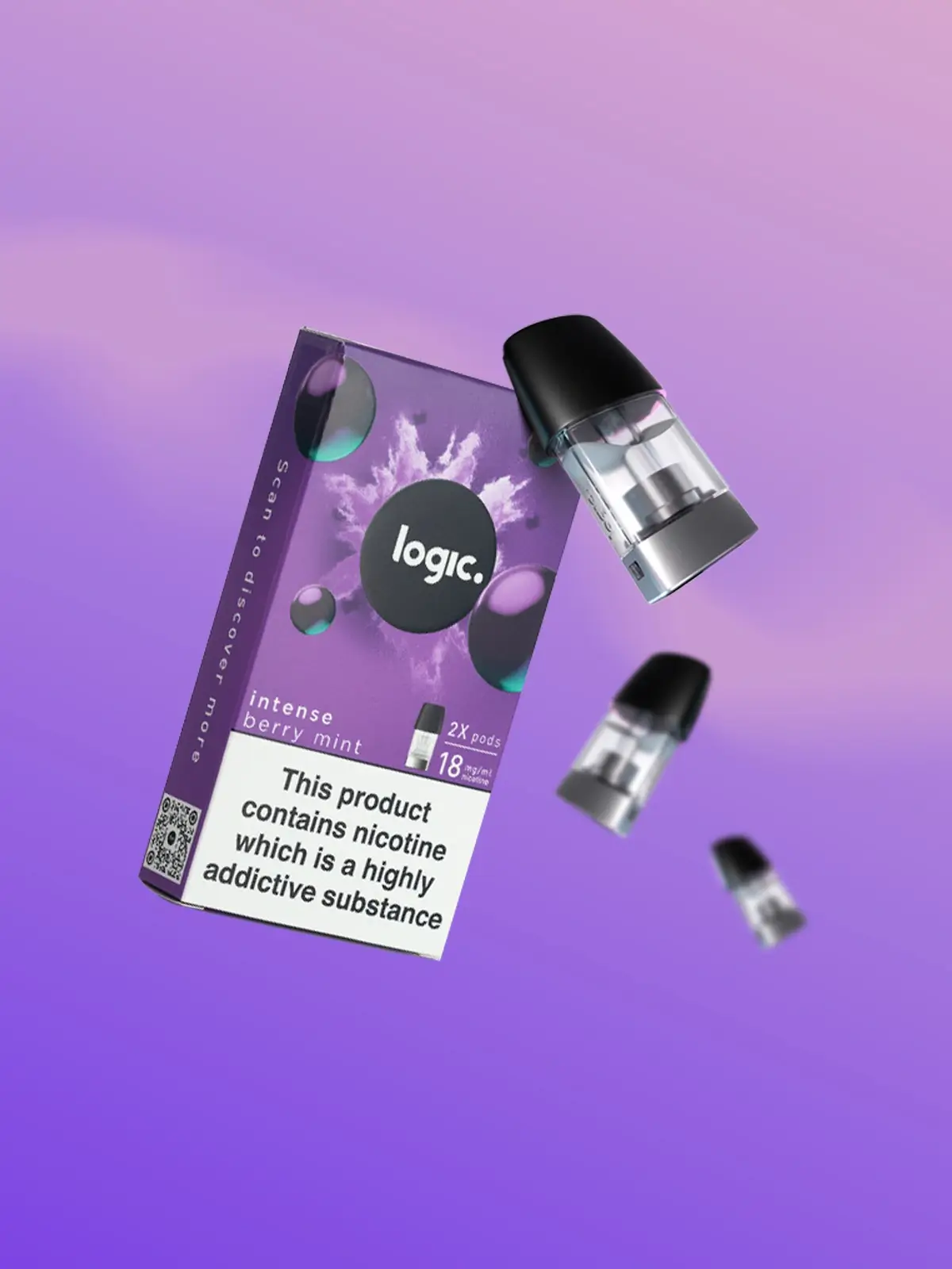 A pack of Logic Intense Berry Mint pods floating in front of a purple background