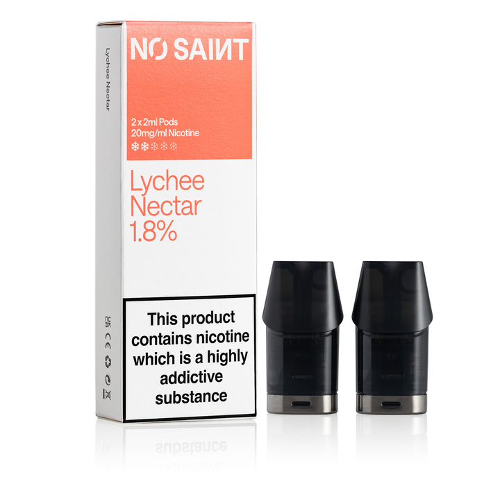 NO SAINT Lychee Nectar pod packaging, with its two pods standing next to it.
