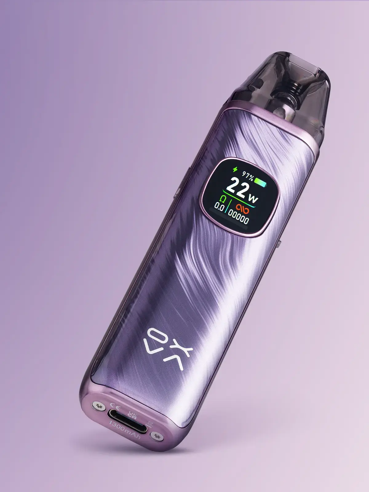 A purple OXVA XLIM Pro 2 kit floating on a stylised purple background.