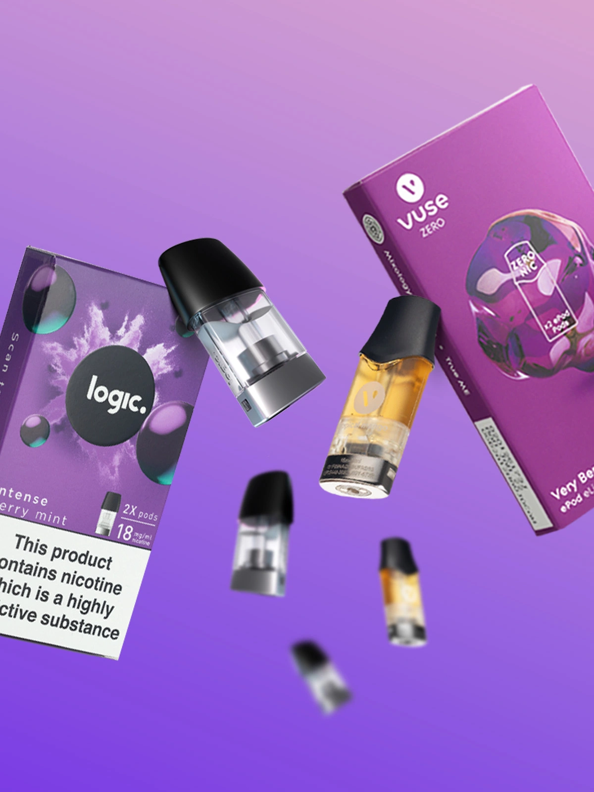 refill pods from various brands including VUSE and Logic, floating in front of a purple background