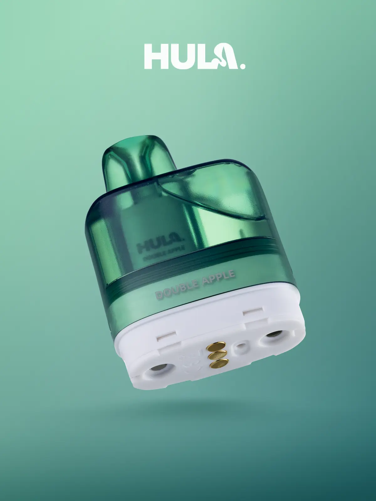 Close-up of the HULA 7000 pod labeled “Double Apple” against a green background, highlighting the transparent e-liquid chamber and connection points.
