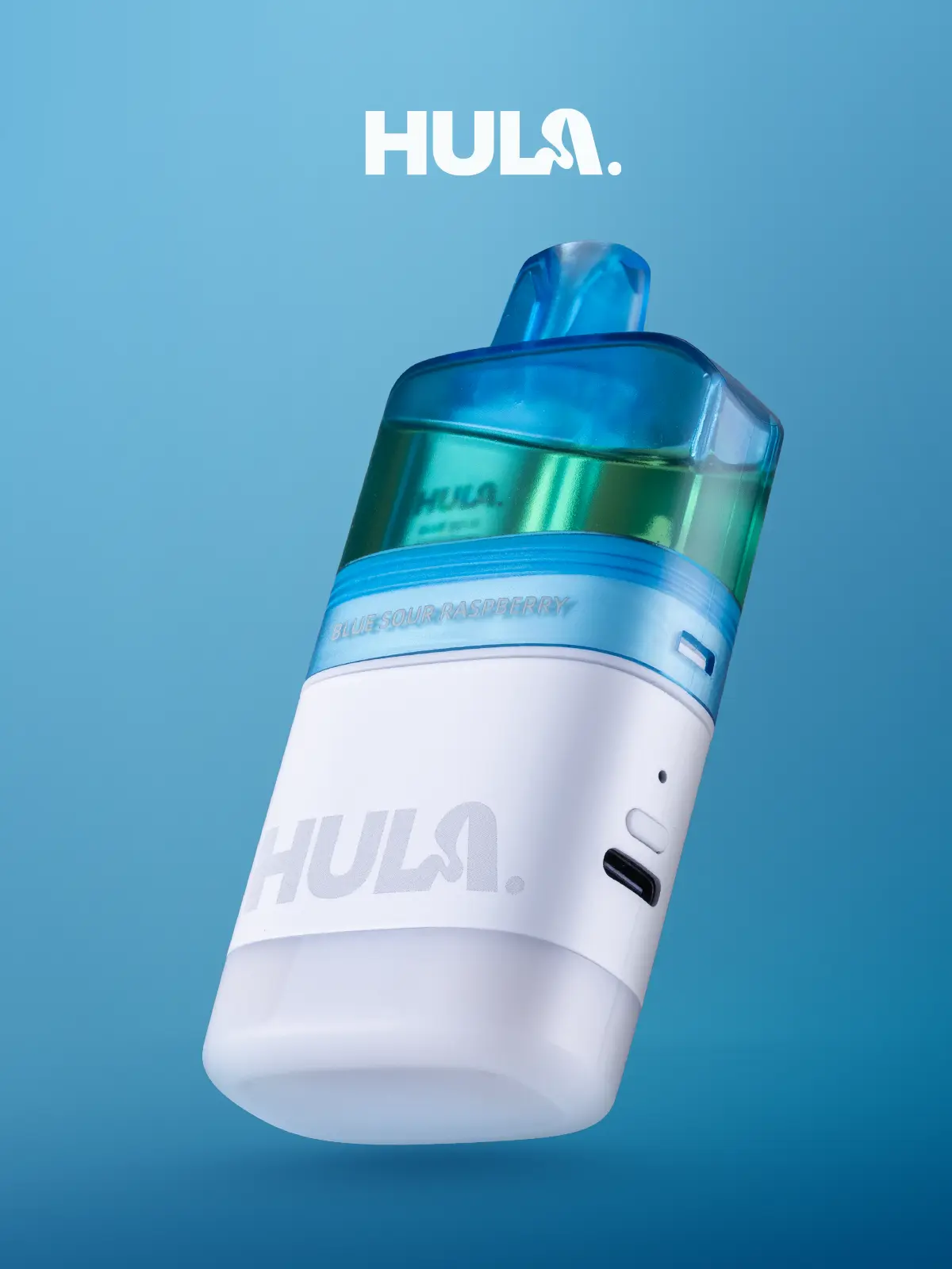HULA 7000 Big Puff vape device shown in a sleek, blue-themed design with visible e-liquid chamber and USB-C charging port.