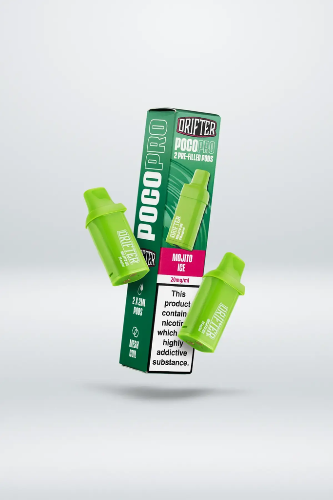 A pack of Mojito Ice Drifter Poco Pro pods floating on a white background