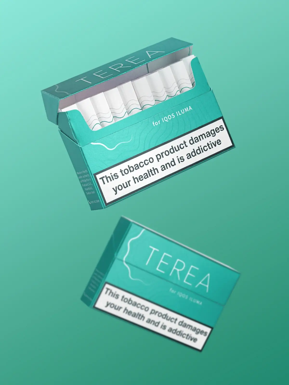 Two packs of IQOS TEREA Turquoise floating in front of a blue/green/turquoise background