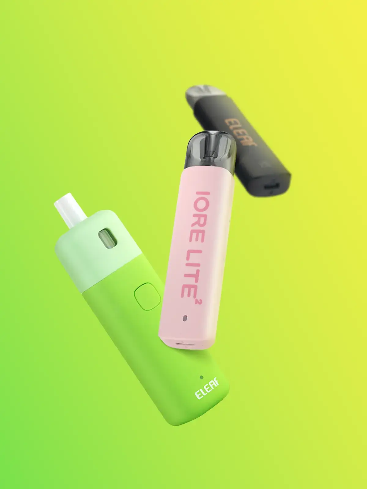 Three Eleaf devices; the IORE Qube and two IORE Lite 2 devices floating in front of a bright green background 