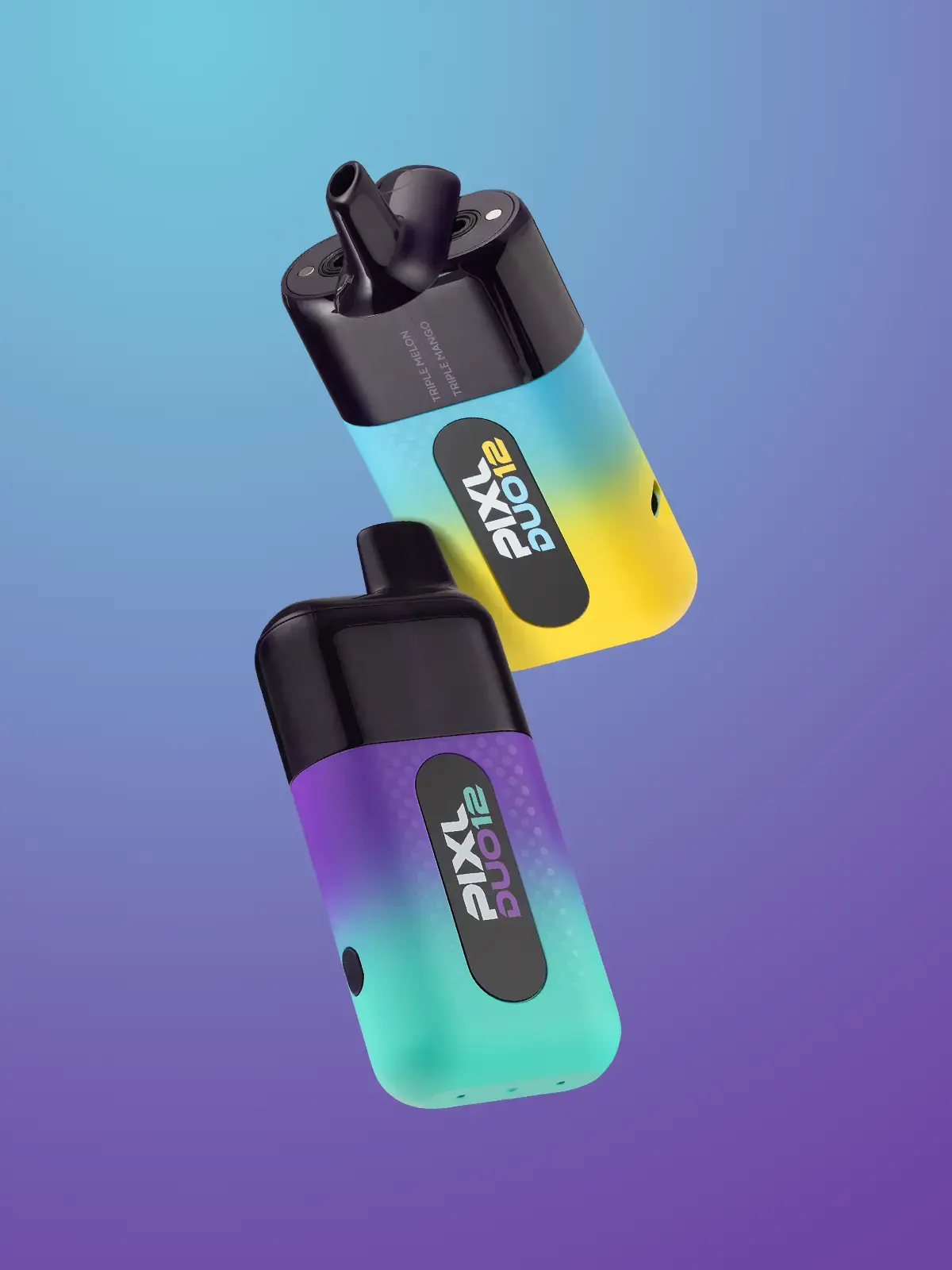 Two Pixl Duo 12 pods floating in front of a blue and purple background.