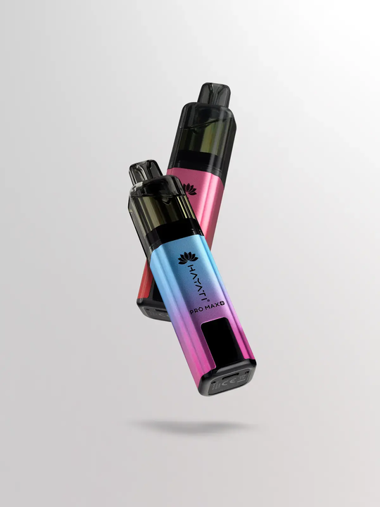 A pink and purple Hayati Pro Max 6000+ kit floating in front of a pink Hayati Pro Max 6000+ kit on a white background