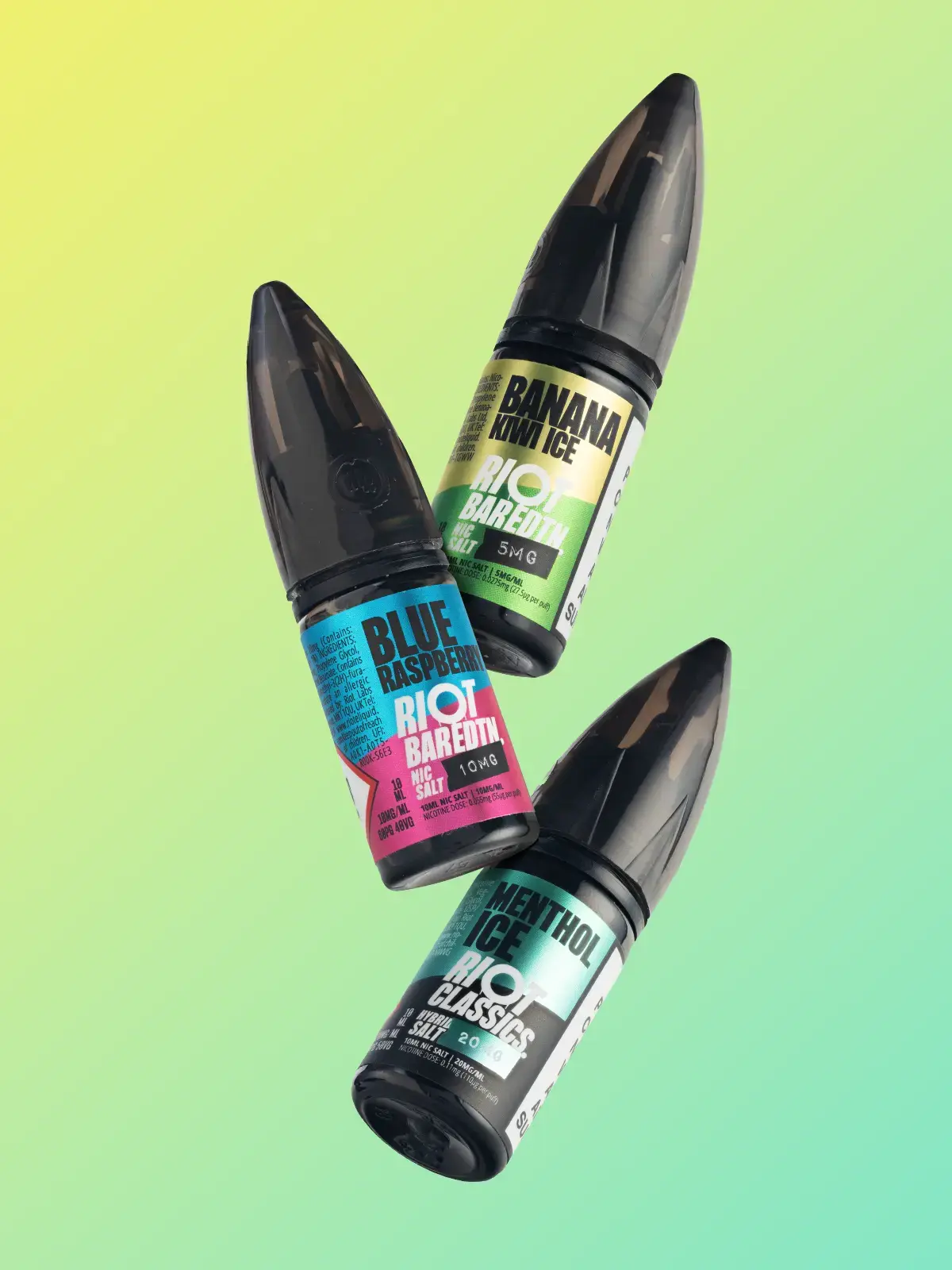 Three Riot E-liquid Bar Edtn e-liquids; Banana Kiwi Ice, Blue Raspberry and Menthol Ice, floating in front of a two-toned gradient green background
