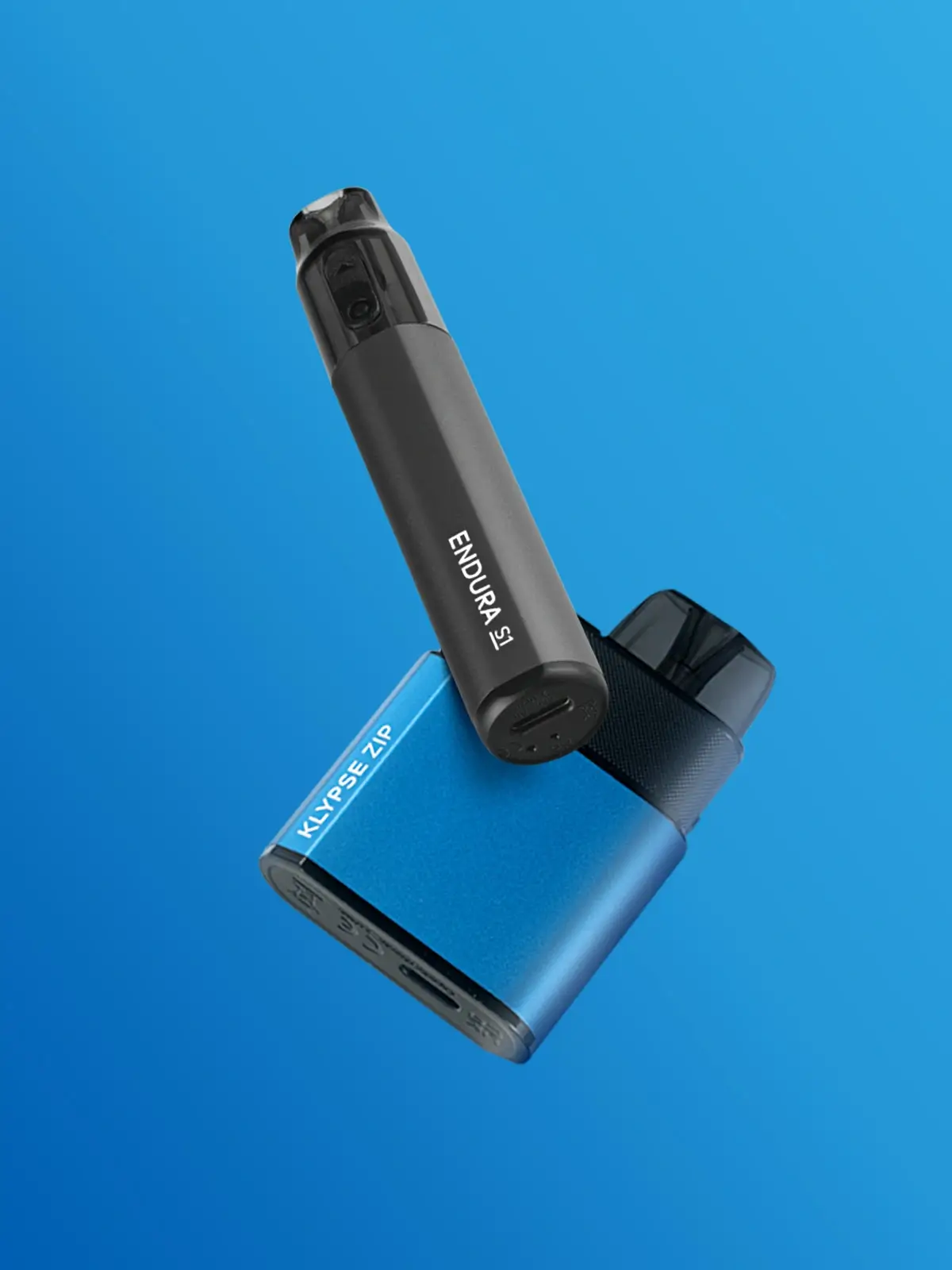 A black Innokin Endura S1 and a blue Innokin Klypse Zip floating in front of a blue background