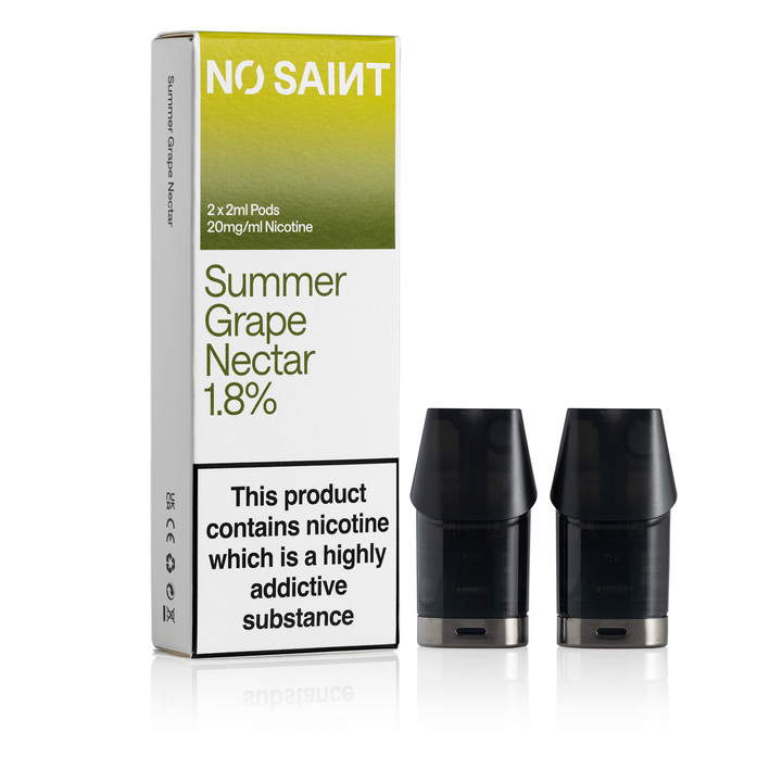 NO SAINT Summer Grape Nectar pod packaging, with its two pods standing next to it.