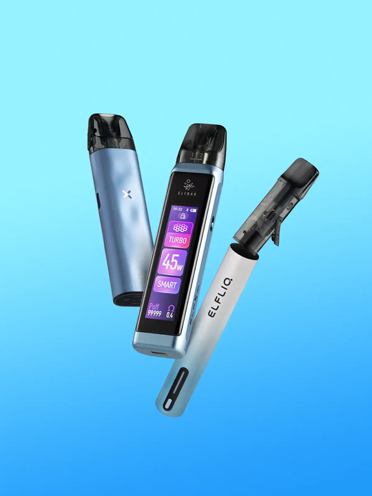 A blue ElfX Mini kit, a blue ElfX Ultra kit, and a blue & white Elfliq ELFA Turbo kit floating side by side on a blue background.