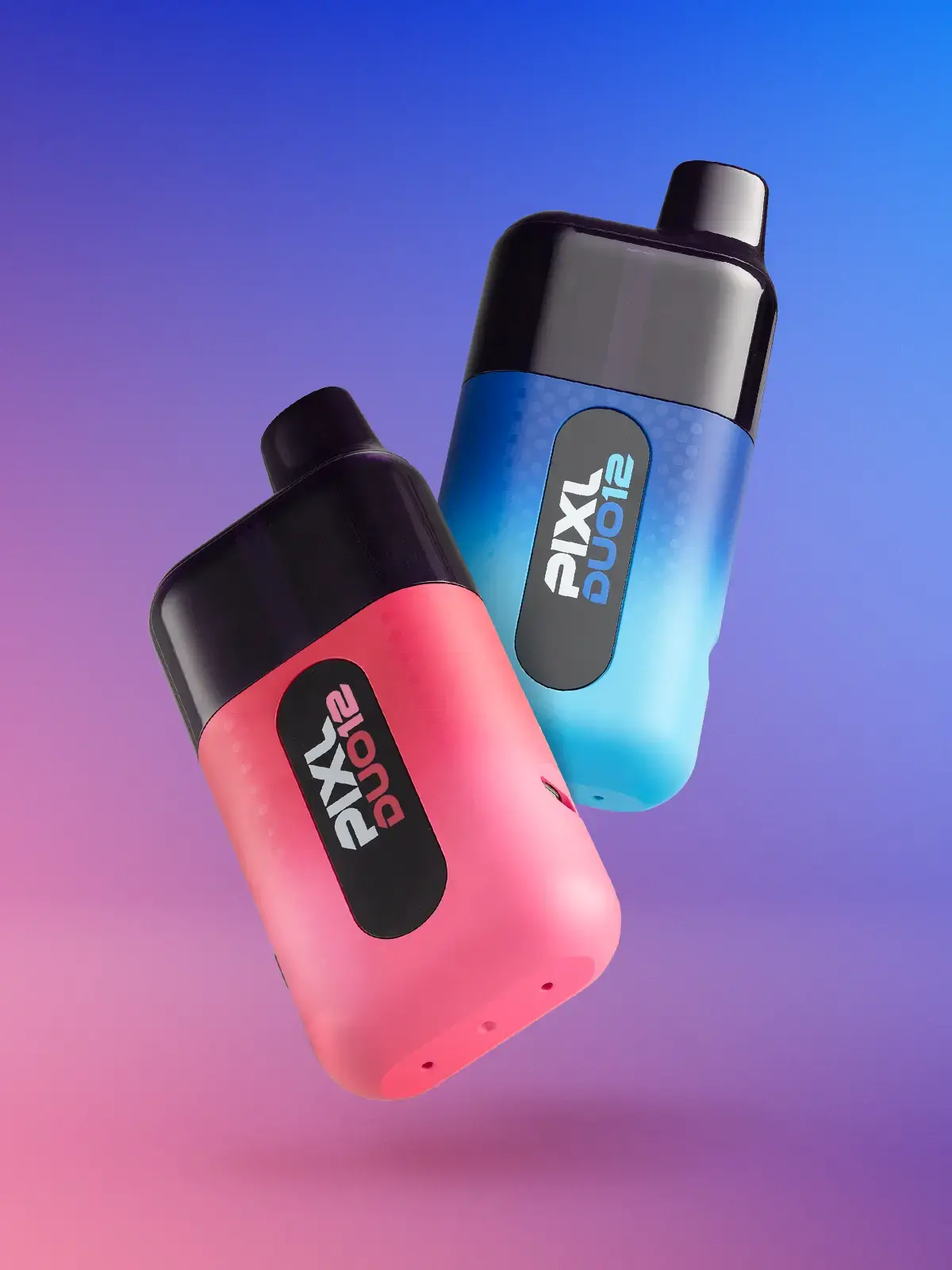 Two Pixl 8000 devices floating with their pods inserted, in front of a gradient blue and purple background.