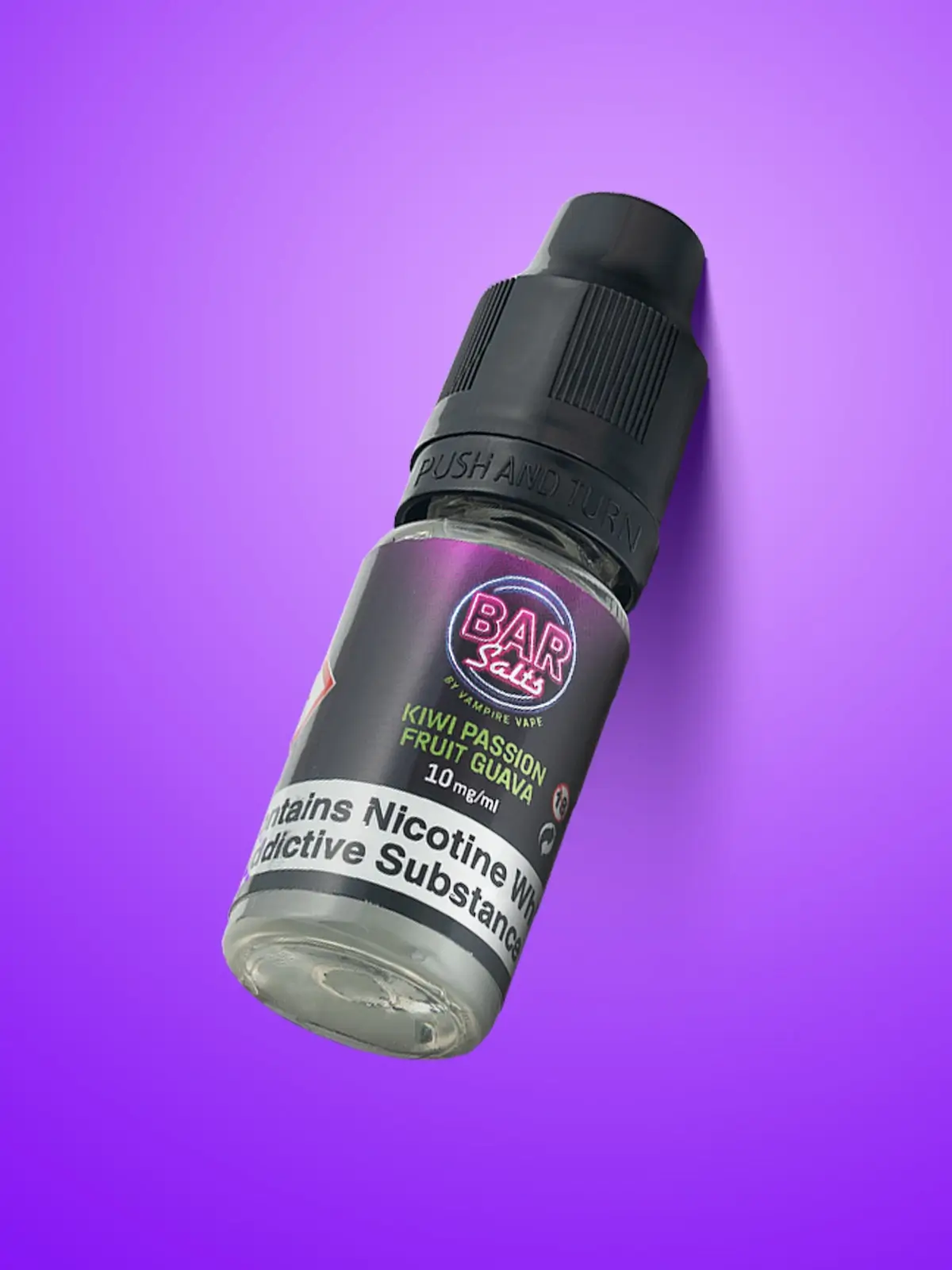 A bottle of Kiwi Passion Fruit Guava Vampire Vape Bar Salts Floating in front of a purple background