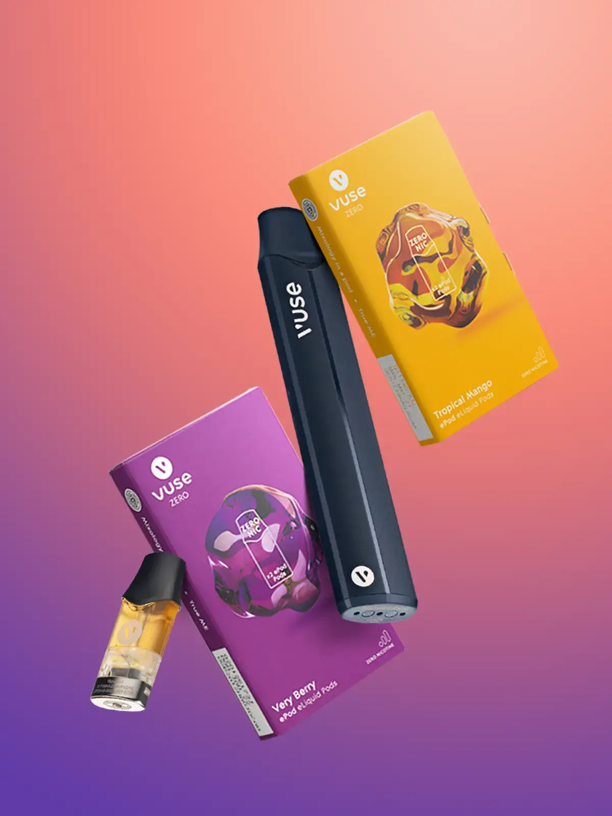 A black VUSE Pro device along with two packs of VUSE ePod cartridges, and a single ePod cartridge out of the box, floating in front of an orange and purple background