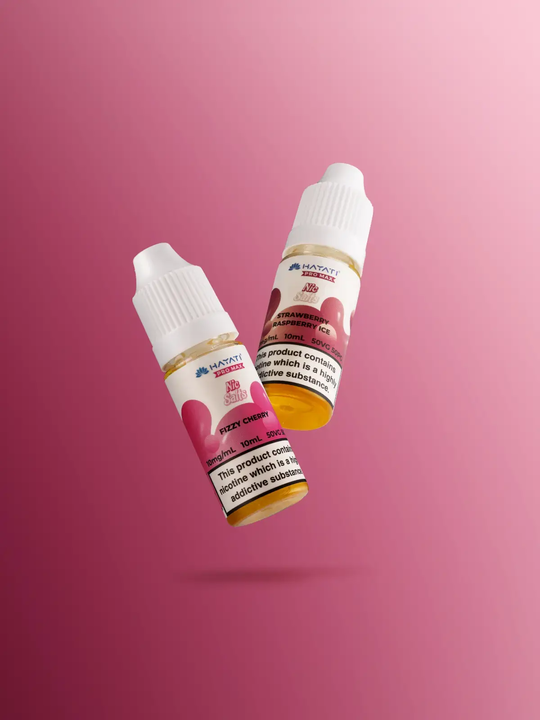 Two Hayati e-liquids floating side by side on a pink background