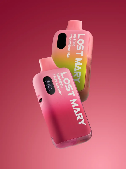 Two pink Lost Mary BM6000 pod kits floating next to each other on a pink background