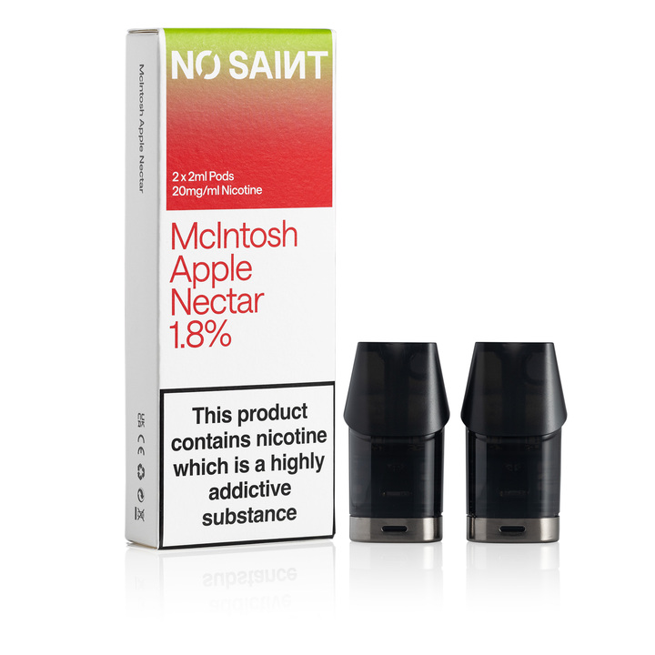 NO SAINT McIntosh Apple Nectar pod packaging, with its two pods standing next to it.