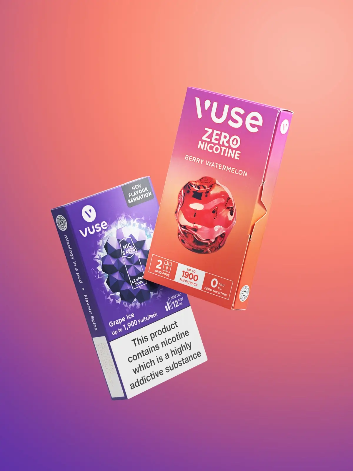 Two packs of Vuse ePod refills; Berry Watermelon nicotine-free, and Grape Ice floating in front of a peach and purple coloured background