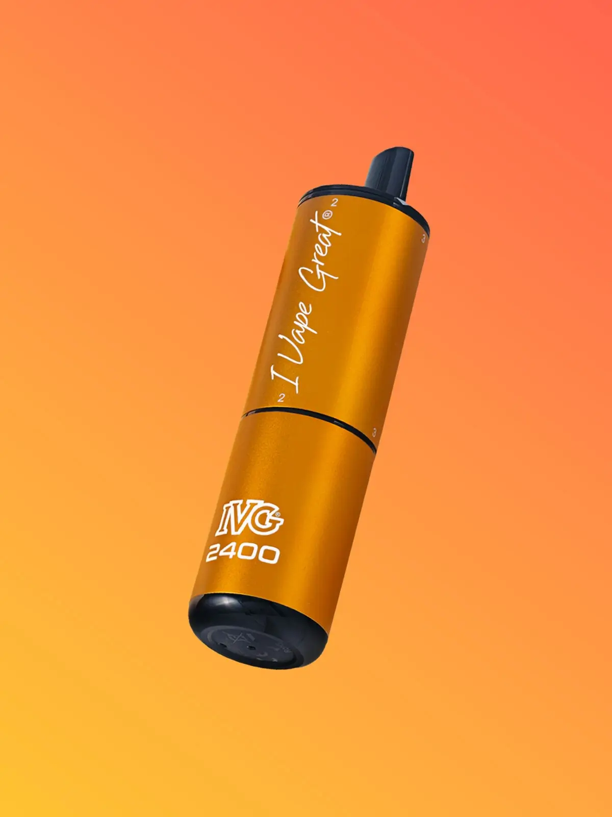 An IVG 2400 disposable vape in Exotic Edition flavour. Floating in front of an orange background.
