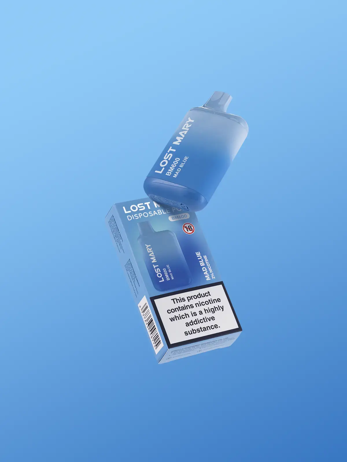 A Lost Mary BM600 Disposable vape, one in its box in Mad Blue flavour, floating in front of a blue background