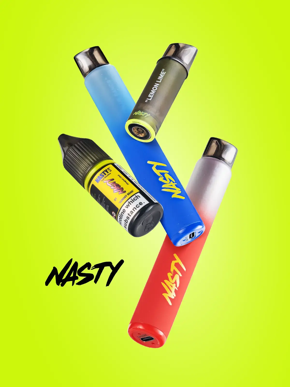 Two Nasty PX2 pod devices, one blue and one red, along with a PX2 pod in Lemon Lime flavour, and a Gummy Bear flavoured Nasty E-liquid. The image also feature the Nasty logo. Objects are floating in front of a neon green coloured background