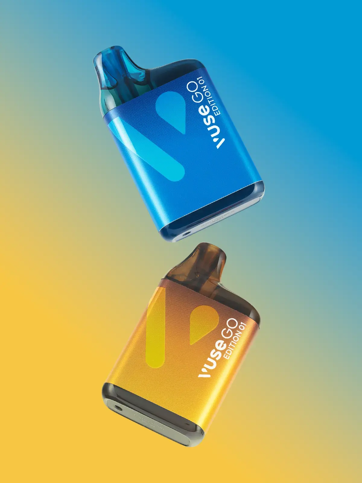 Two VUSE Go disposable devices floating in front of a blue and yellow background