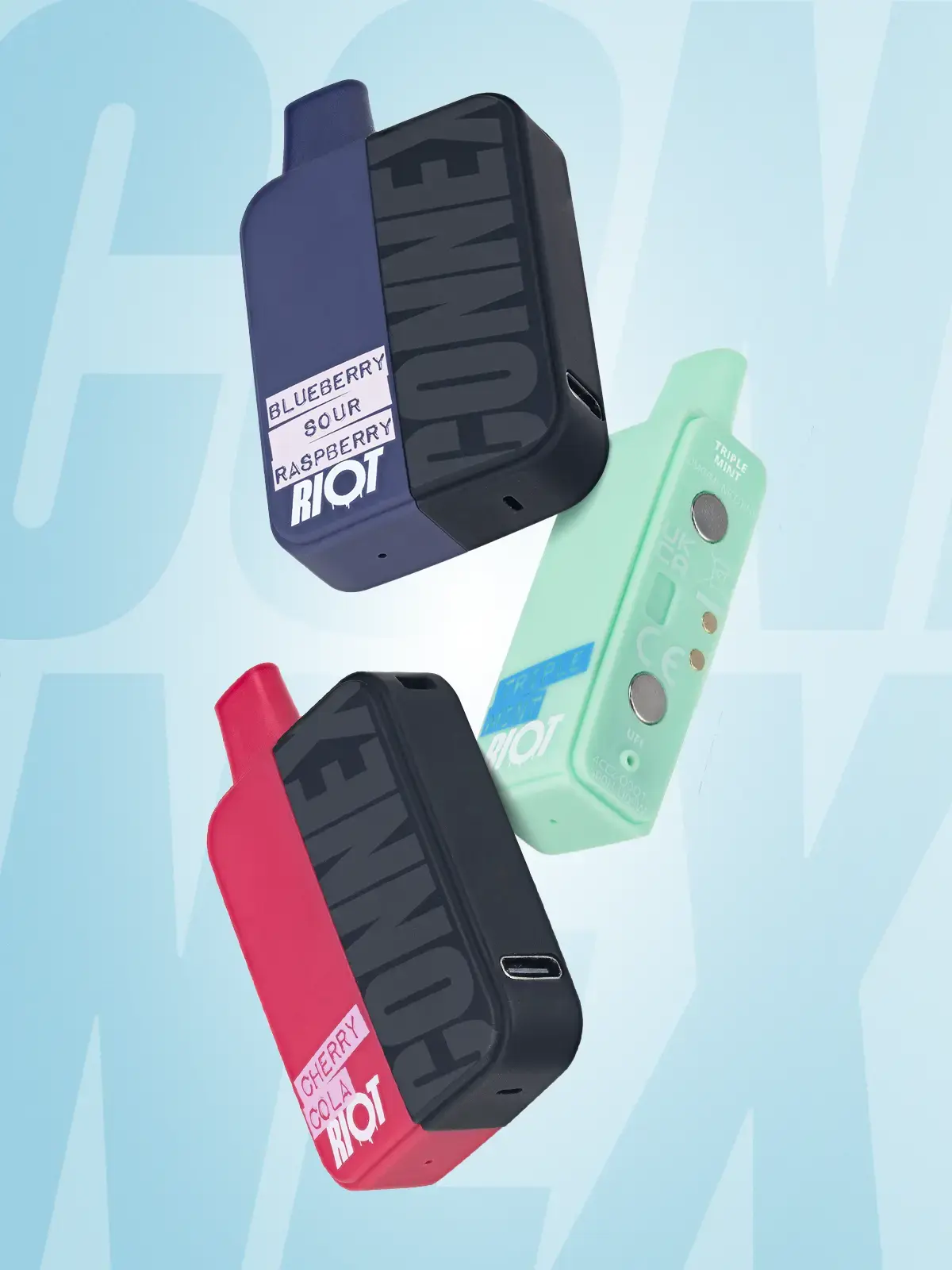 Three Riot Connex refills; Triple Mint, Blueberry Sour Raspberry and Cherry Cola with two attached to a Connex battery, floating in front of a light blue background