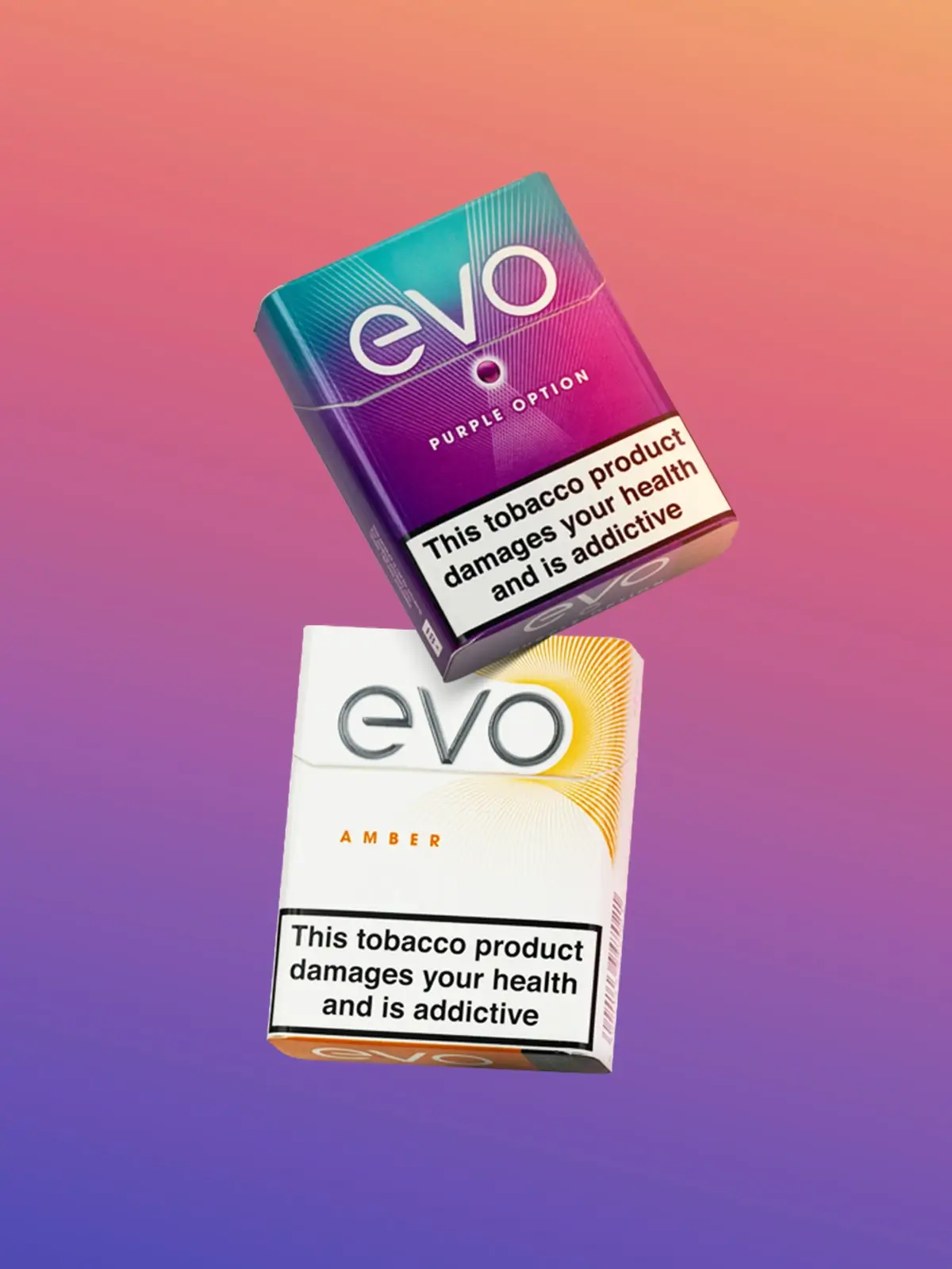 Two packs of EVO sticks for the Ploom device, floating in front of a pink and purple background