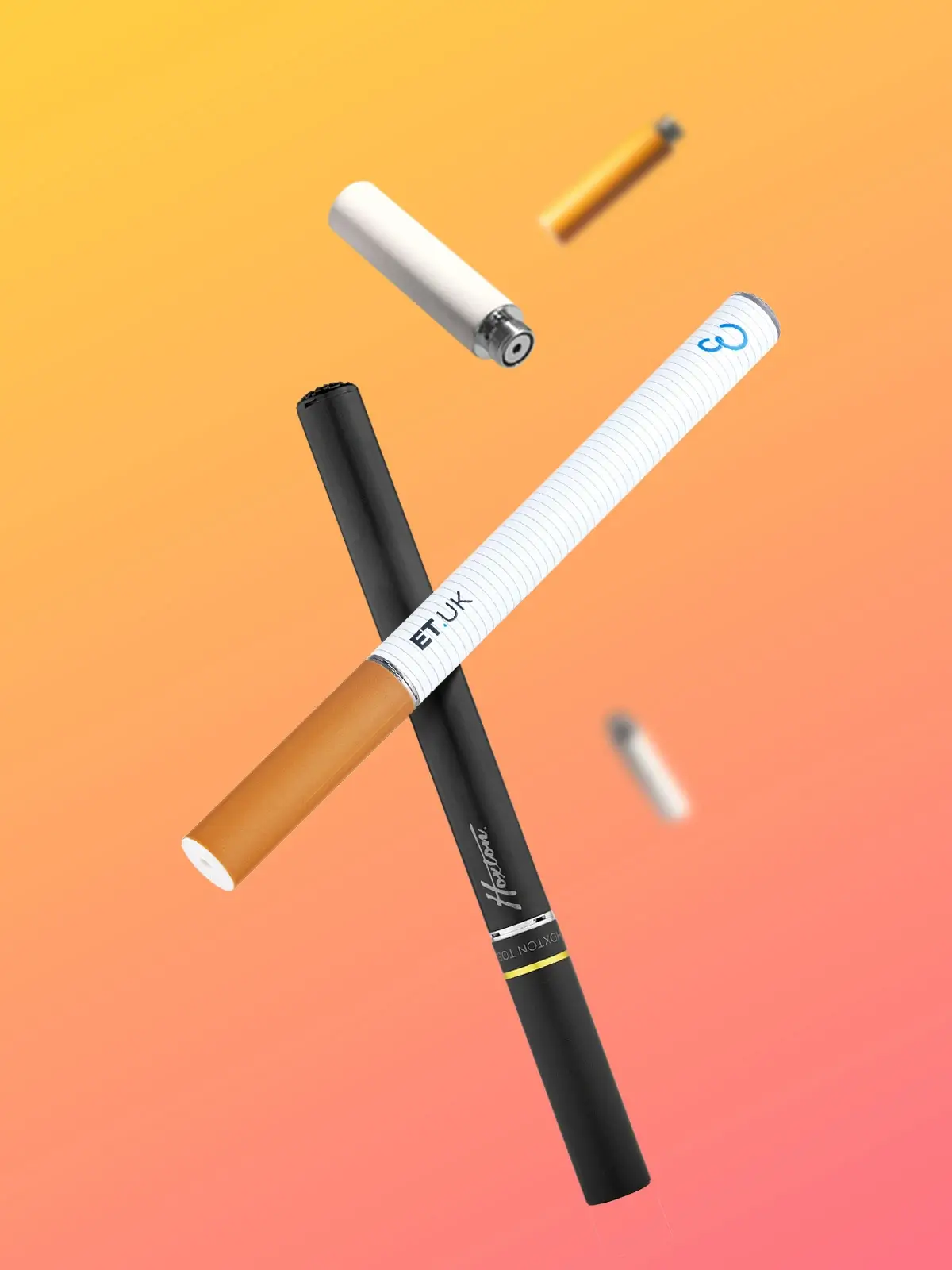 An ET.UK cigalike battery along with a Hoxton Black Edition cigalike battery, floating together with cartomizer refills in front of an orange and peach coloured background