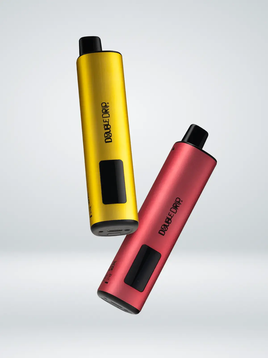 One yellow Double Drip 10k kit and one red Double Drip 10k floating side by side on a white background