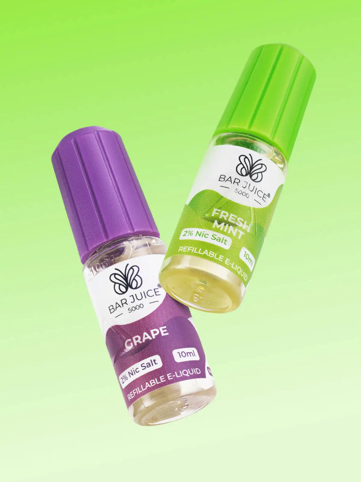 Two bottles of e-liquid; Bar Juice 5000 Grape and Bar Juice 5000 Fresh Mint floating in front of a light green background