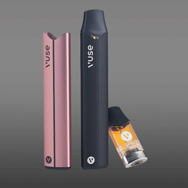 An image of two VUSE Pro devices, one in pink and one in black. The pink device has its pod out.