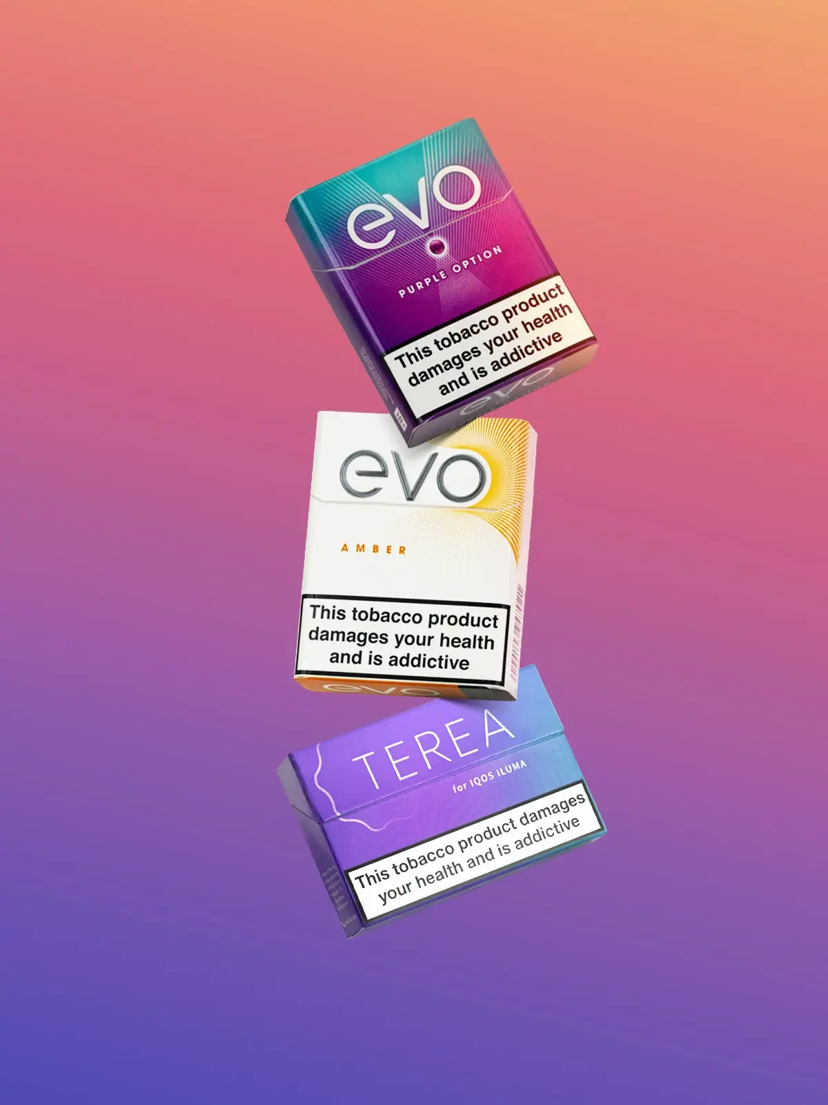 Two packs of EVO sticks and a pack of IQOS TEREA, floating in front of an orange/pink/purple background