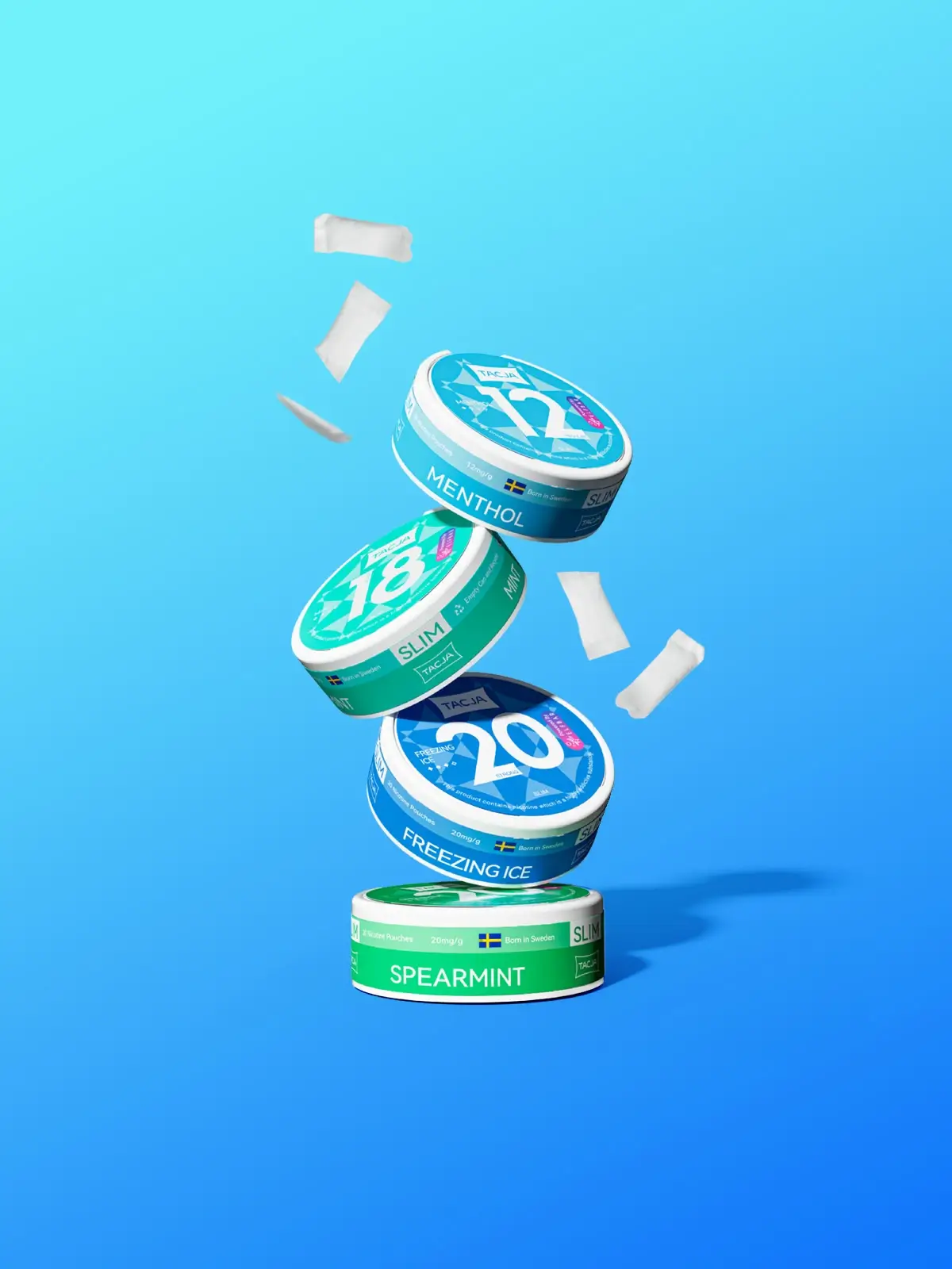Four cans of ELF BAR TAQJA floating in front of a light blue background