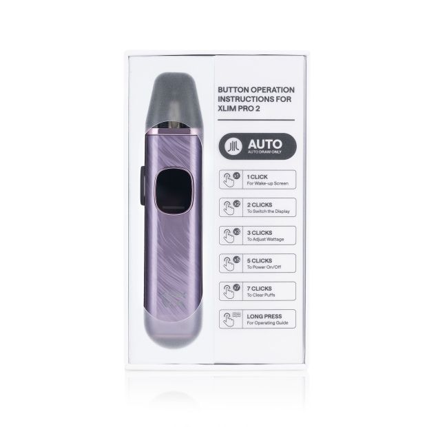 A purple OXVA XLIM Pro 2 kit pictured beside it's button operation instructions: 1 click to wake up the LED screen, 2 clicks to switch the display, 3 clicks to adjust the wattage, 5 clicks to power the kit on and off, 7 clicks to clear the puff counter, and a long press to activate the operating guide.