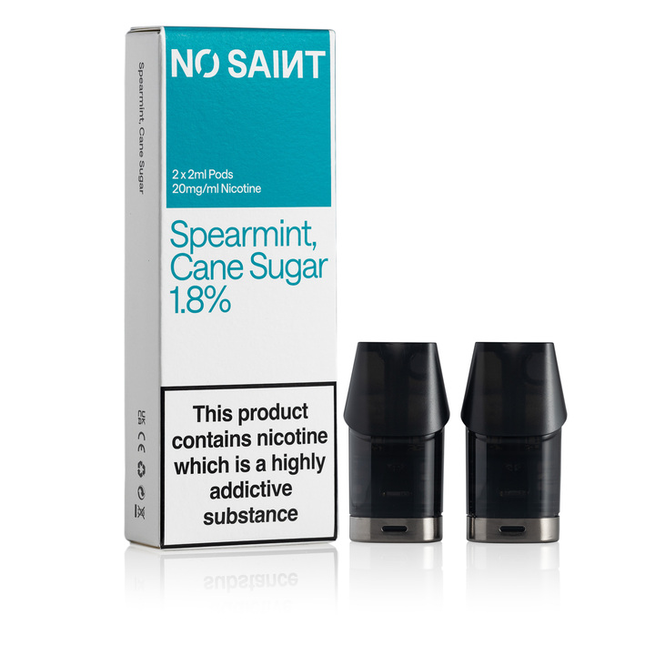 NO SAINT Spearmint Cane Sugar pod packaging, with its two pods standing next to it.