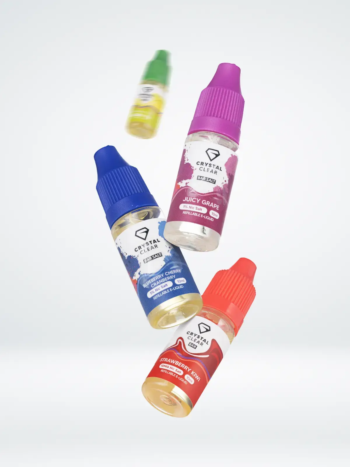 Four Crystal Clear e-liquid bottles floating in front of a light background
