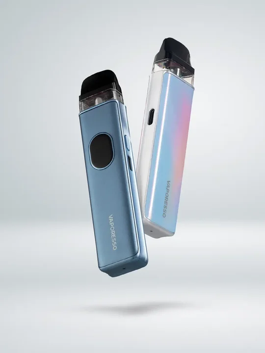 One blue Vaporesso XROS 5, and one iridescent Vaporesso XROS 5 Mini device, floating side by side on a white background