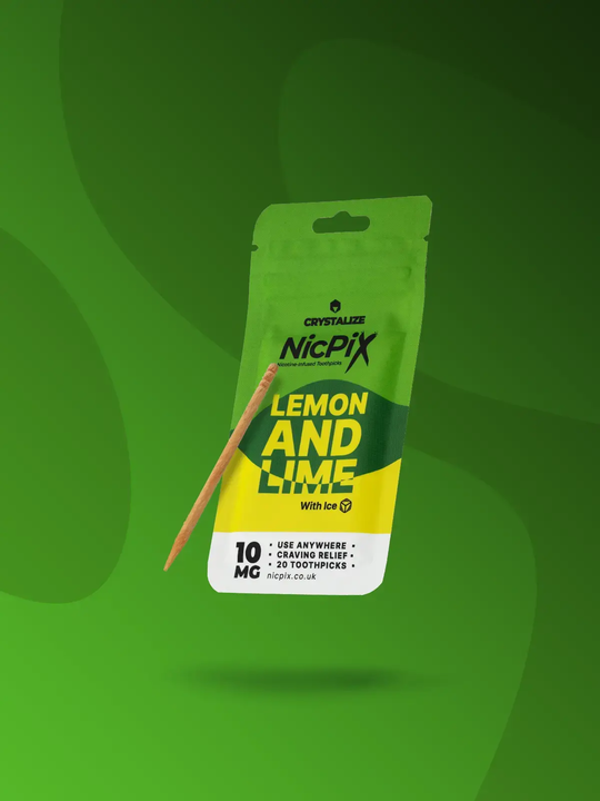 A pack of Lemon and Lime NicPix nicotine toothpicks, floating on a stylised green background