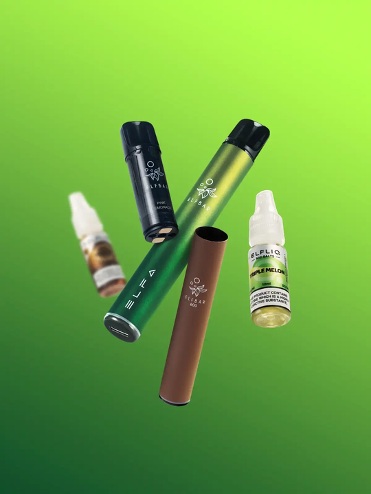 A green ELFA Pro kit, a brown Elf Bar 600 pod kit, and two ELFLIQ e-liquids floating side by side on a green background.